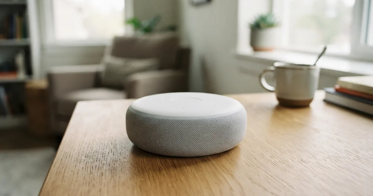 Ein moderner Smarthome Assistant auf einem Tisch in einem vernetzten Wohnzimmer