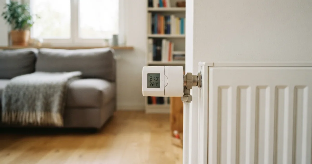 Smart Thermostat an einem modernen Heizkörper montiert zur effizienten Regulierung der Heizung im Smarthome